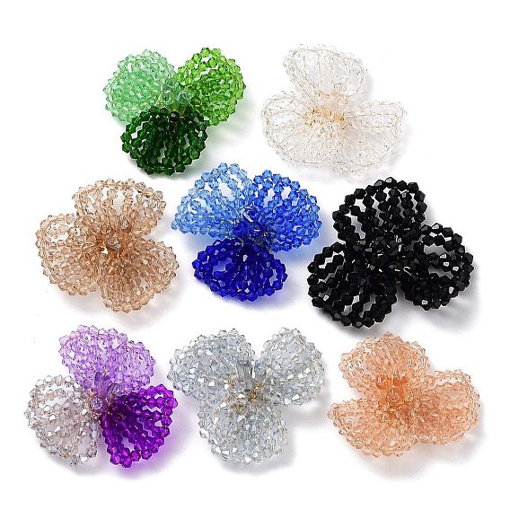 Cabochons en perles de verre, perles de cluster, avec disques perforés en laiton plaqué or, fleur