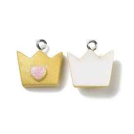 Opaque Resin Pendants, with Glitter Powder and Platinum Tone Iron Loops, Crown Charm with Heart