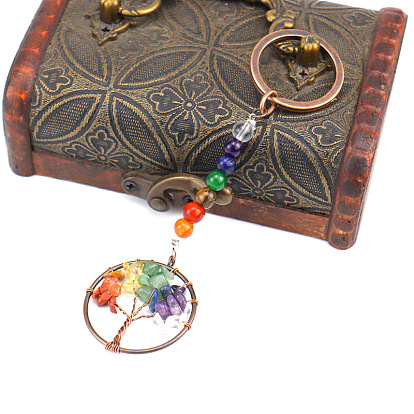 Porte-clés rond plat avec des copeaux de pierres précieuses d'arbre de vie, avec pierres précieuses rondes chakra et apprêts en laiton, pour accessoires de pendentif de sac à dos de voiture