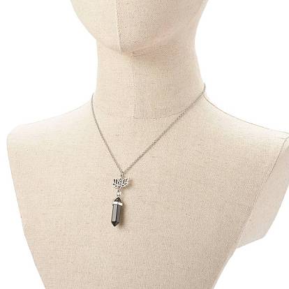 Bullet Natural Mixed Stone Pendant Necklaces, with 304 Stainless Steel Lotus Link and Chains
