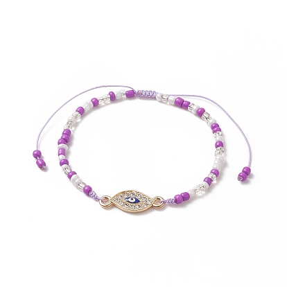 Alloy Enamel Evil Eye & Glass Seed Braided Bead Bracelet with Crystal Rhinestone for Women