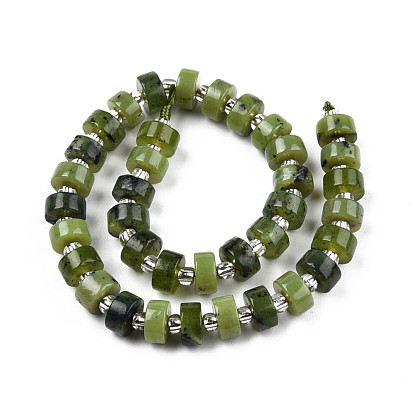 Natural Canadian Jade Beads Strands, with Seed Beads, Heishie Beads, Flat Round/Disc
