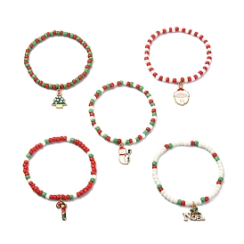 5Pcs 5 Style Glass Seed Stretch Bracelets Set, Christmas Tree & Santa Claus & Word Noel Alloy Enamel Charms Stackable Bracelets