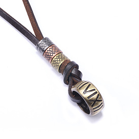 Adjustable Genuine Cowhide Leather Pendant Necklaces, with Alloy Findings, Ring with Roman Numerals