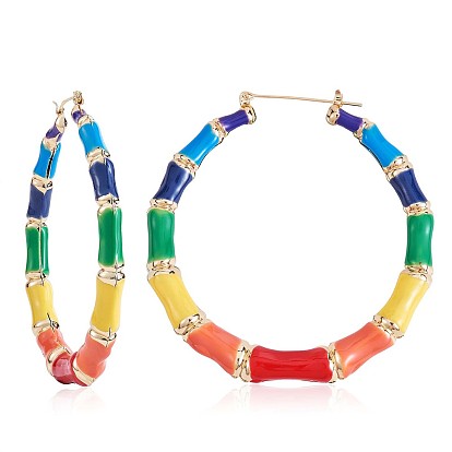 Enamel Bamboo Big Hoop Earrings, Gold Plated Alloy Jewelry for Women
