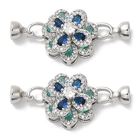Brass Micro Pave Clear Cubic Zirconia Fold Over Clasps, with Colorful Glass, Cadmium Free & Lead Free,  Flower