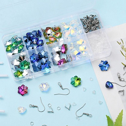 Kit de bricolaje para hacer aretes de estrellas y copos de nieve brillantes, incluyendo amuletos de vidrio, 304 ganchos para pendientes y anillas de acero inoxidable, tuercas de plástico