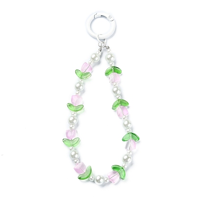 Tulip Transparent Glass Beaded Pendant Keychain, with Alloy Spring Gate Rings and Glass Pearl Beads