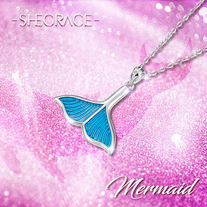 SHEGRACE 925 Sterling Silver Pendant Necklaces, with Epoxy Resin and Cable Chains, Whale Tail Shape