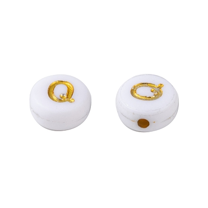 Plating Acrylic Beads, Golden Metal Enlaced, Horizontal Hole, Flat Round with Alphabet, White