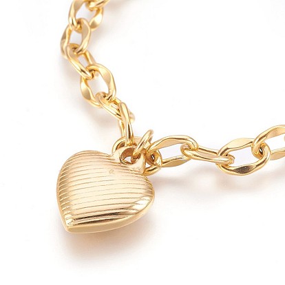 Placage ionique (ip) 304 bracelets pendentifs en acier inoxydable, avec des chaînes du câble et fermoirs pince de homard, cœur