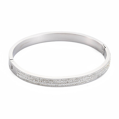 Crystal Rhinestone Triple Line Bangle, Stainless Steel Hinged Bangle with Polymer Clay for Women