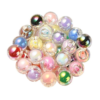 Perlas europeas de acrílico iridiscente de arco iris chapado en uv transparente, talón en grano, abalorios de grande agujero, rondo