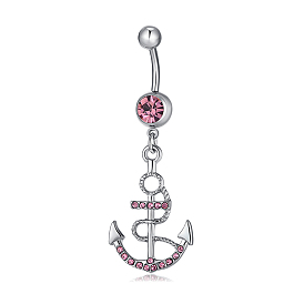 Piercing Jewelry, Brass Cubic Zirconia Navel Ring, Belly Rings, with 304 Stainless Steel Bar, Lead Free & Cadmium Free, Anchor