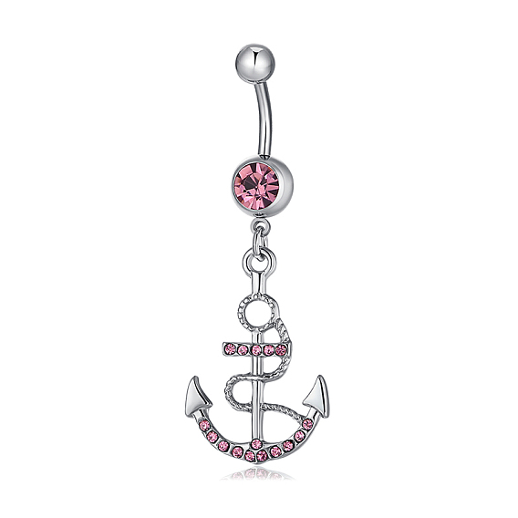 Piercing Jewelry, Brass Cubic Zirconia Navel Ring, Belly Rings, with 304 Stainless Steel Bar, Lead Free & Cadmium Free, Anchor