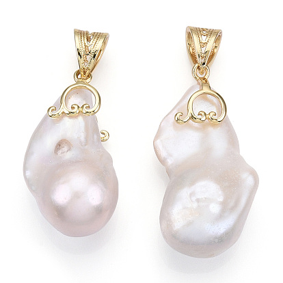 Natural Baroque Pearl Keshi Pearl Pendants, Brass Nuggets Charms with Snap On Bails, Lead Free & Nickel Free & Cadmium Free, Long-Lasting Plated