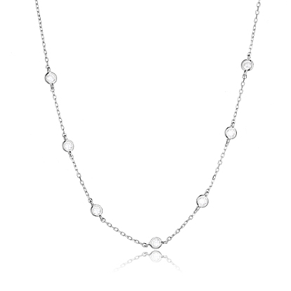 Rhodium Plated Sterling Silver with Clear Cubic Zirconia Bead Chain Necklaces for Women