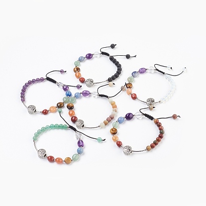 Nylon réglable bracelets cordon tressé de perles, avec des perles naturelles de pierres précieuses, perles de laiton et perles d'alliage, plat et circulaire avec arbre de vie