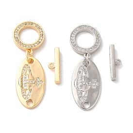 Brass Micro Pave Clear Cubic Zirconia Toggle Clasps, Oval