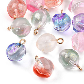 Transparent Spray Painted Glass Peach Pendants, with Golden Plated Iron Bails