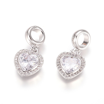 Brass Micro Pave Cubic Zirconia European Dangle Charms, Large Hole Pendants, Heart, Clear