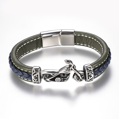 Tressés bracelets cordon en cuir pour hommes, avec 304 accessoires en acier inoxydable et les fermoirs magnétiques, moto