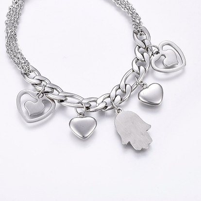 304 Stainless Steel Charm Bracelets, with Lobster Claw Clasps, Hamsa Hand/Hand of Miriam with Heart