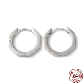 Rhodium Plated 925 Sterling Silver Octagon Hoop Earrings, with S925 Stamp