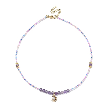 Collier pendentif lune en laiton micro pavé de zircones cubiques, collier de perles de pierres précieuses naturelles mélangées et de graines de verre