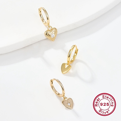 3 Pair 3 Style Cubic Zirconia Heart Dangle Hoop Earrings for Women, 925 Sterling Silver Jewelry