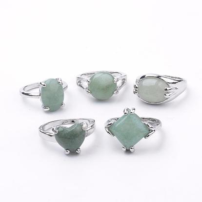 Natural Green Aventurine Rings, with Alloy Findings, Mixed Size, Mixed Shape, Platinum
