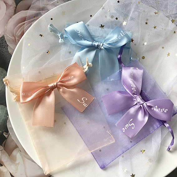 Rectangle Organza Drawstring Bags, Bowknot Gift Storage Pouches