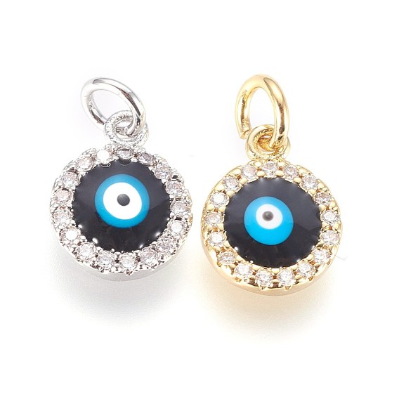Brass Micro Pave Cubic Zirconia Charms, with Enamel and Jump Ring, Evil Eye