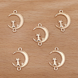 Alloy Connector Charms, Moon with Cat Links, Long-Lasting Plated