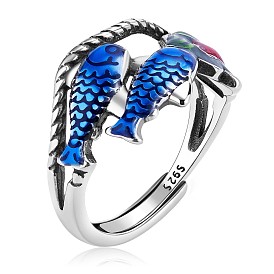 Double Lucky Koi Fish with Lotus 925 Sterling Silver Adjustable Ring with Eanmel for Women