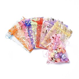 Organza Drawstring Jewelry Pouches, Wedding Party Gift Bags, Rectangle with Hot Stamping Pattern