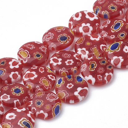 Handmade millefiori lampwork beads strands, плоско-круглые