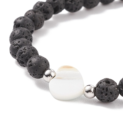 Coeur avec coquille de mauvais œil et bracelet extensible en perles de pierre de lave naturelle, bijoux de pierres précieuses d'huile essentielle pour les femmes