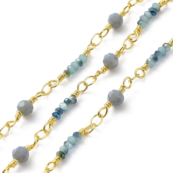 Chaînes de perles de rondelle de verre, avec de véritables chaînes en laiton plaqué or 18 k, soudé, avec bobine