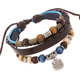 Bracelet multi-rangs en cuir de vachette avec perles, alliage hibou charmes punk bracelet pour hommes femmes