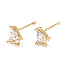 Brass Stud Earring Findings, with Glass & Vertical Loops, Triangle