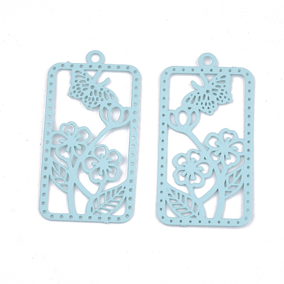 430 Stainless Steel Filigree Pendants, Spray Painted, Etched Metal Embellishments, Rectangle with Flower