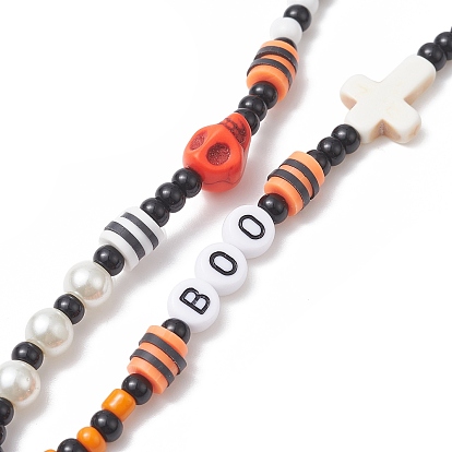 Halloween Glass Beaded Mobile Straps, with Synthetic Turquoise & Lava Rock Beads, Nylon Thread Anti-Lost Mobile Accessories Decoration, Word Boo/Skull/Cross
