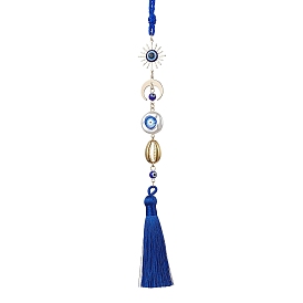 Sun/Moon Brass & Evil Rye Lampwork Pendant Decorations, Braided Nylon Thread Tassel Hanging Ornaments