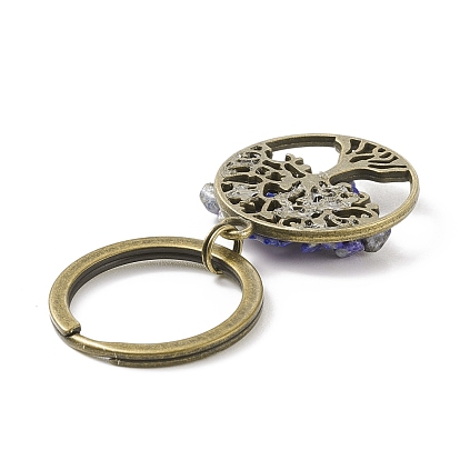 Porte-clés alliage, avec des perles de puce de pierres précieuses, plat et circulaire avec arbre de vie