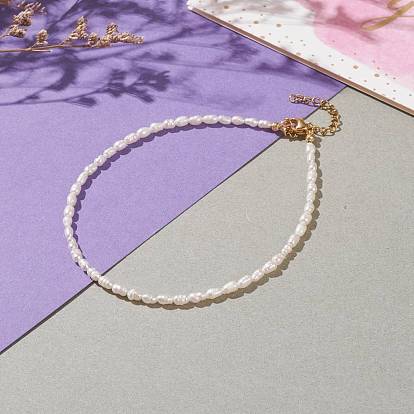 Natural Cultured Freshwater Pearl Beaded Anklets, with Golden Plated 304 Stainless Steel Lobster Claw Clasps