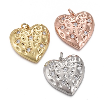 Hammered Brass Micro Pave Clear Cubic Zirconia Pendants, with Jump Rings, Long-Lasting Plated, Heart with Star