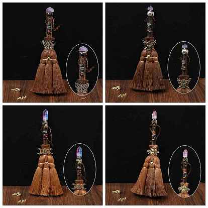 Wood Witch Broom with Synthetic Gemstone Pendant Decorations, for Interior Car Mirror Hanging Decorations