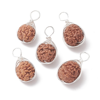 Natural Rudraksha Copper Wire Wrapped Pendants, Teardrop Charms, Undyed