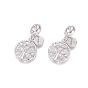 Brass Micro Pave Cubic Zirconia European Dangle Charms, Large Hole Pendants, Flat Round with Tree and Word Family, Clear